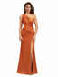 Sexy Mermaid One Shoulder Side Slit Silky Satin Long Evening Dresses For Wedding