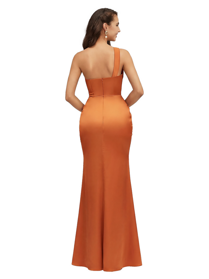 Sexy Mermaid One Shoulder Side Slit Silky Satin Long Evening Dresses For Wedding