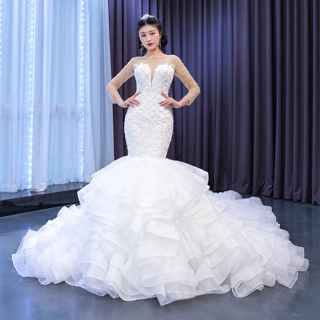 ChicSew Sparkly Mermaid Illusion Long Sleeves Ball Gown Wedding Dress