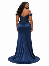 ChicSew Fancy Off The Shoulder Boning Side Slit Mermaid Soft Satin Long Bridesmaid Dresses With Lace Applique
