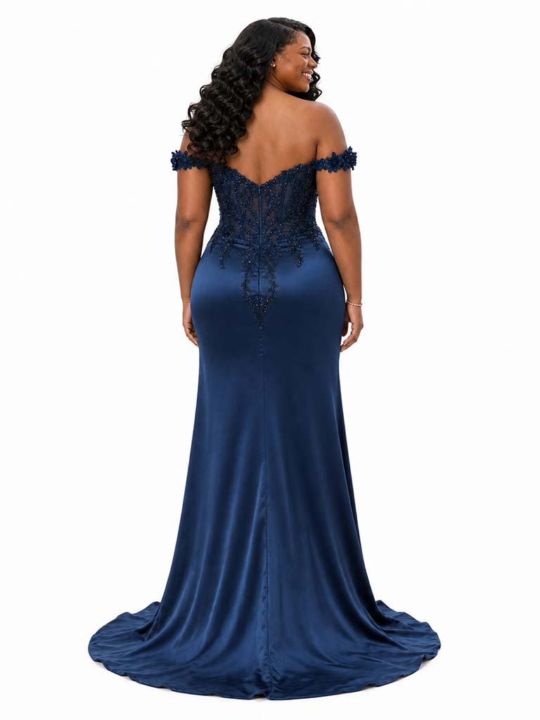 ChicSew Fancy Off The Shoulder Boning Side Slit Mermaid Soft Satin Long Bridesmaid Dresses With Lace Applique