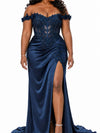 ChicSew Fancy Off The Shoulder Boning Side Slit Mermaid Soft Satin Long Bridesmaid Dresses With Lace Applique