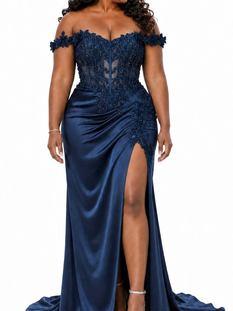 ChicSew Fancy Off The Shoulder Boning Side Slit Mermaid Soft Satin Long Bridesmaid Dresses With Lace Applique