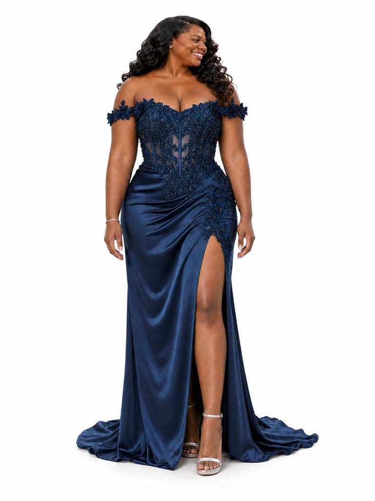 ChicSew Fancy Off The Shoulder Boning Side Slit Mermaid Soft Satin Long Bridesmaid Dresses With Lace Applique