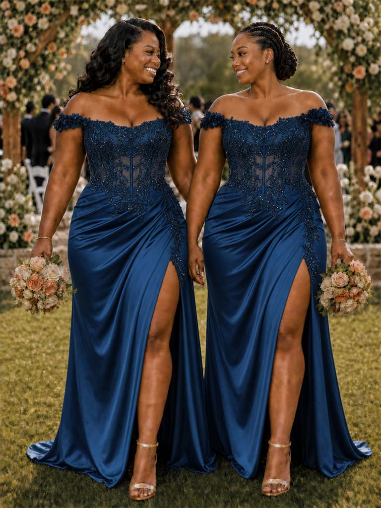 ChicSew Fancy Off The Shoulder Boning Side Slit Mermaid Soft Satin Long Bridesmaid Dresses With Lace Applique