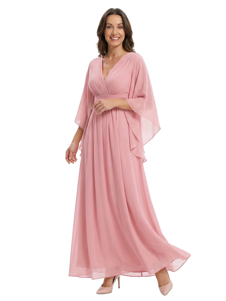 Chicsew Stunning Long Flutter Sleeve Ruched Chiffon Mother of The Bride Gown
