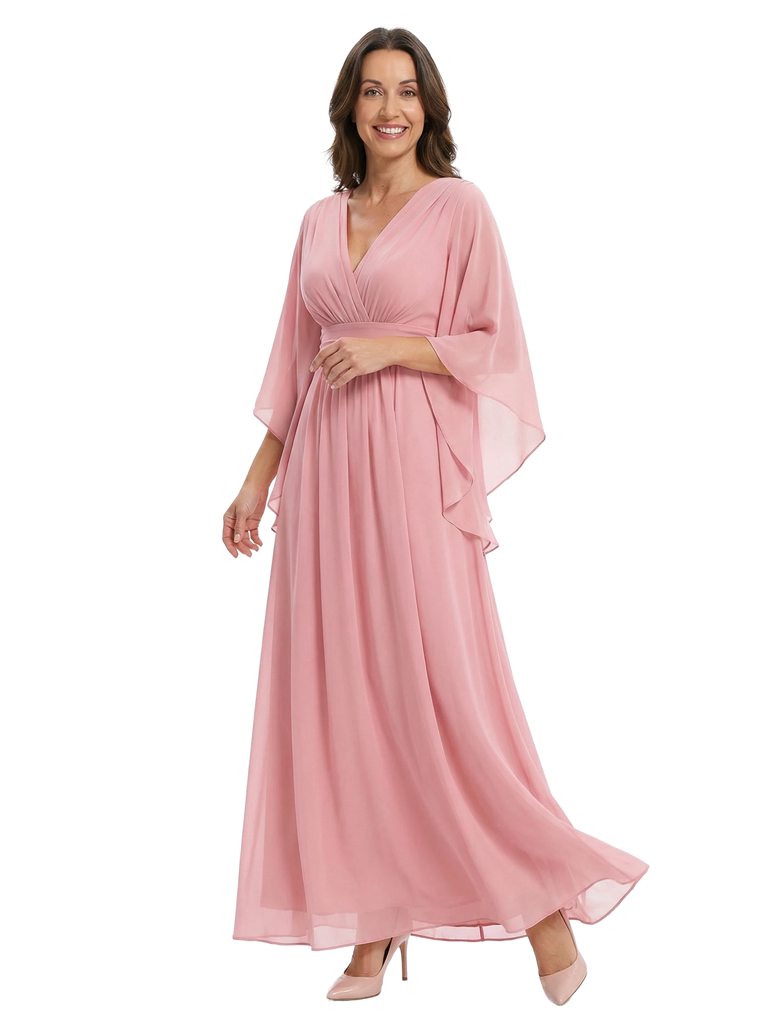 Chicsew Stunning Long Flutter Sleeve Ruched Chiffon Mother of The Bride Gown