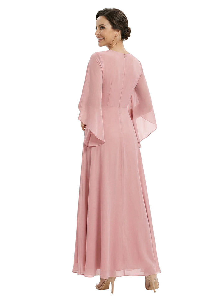 Chicsew Stunning Long Flutter Sleeve Ruched Chiffon Mother of The Bride Gown