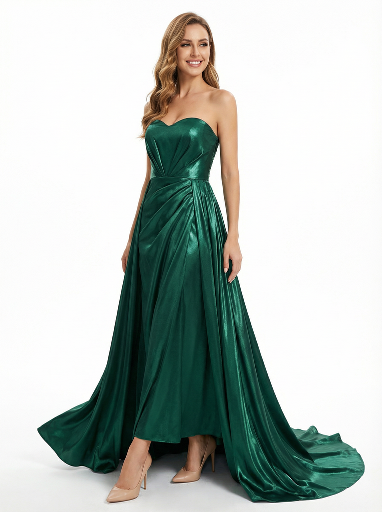 Elegent Floor Length Sweetheart Metallic A-line Side Slit Party Prom Dresses Overskirt