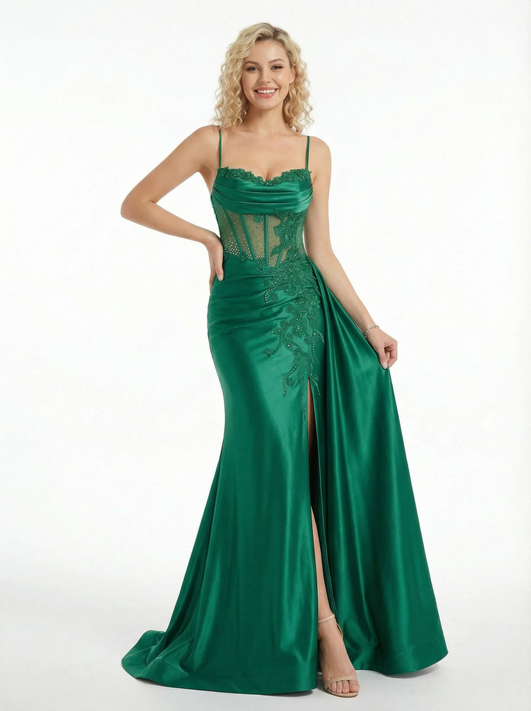 Long Lace Corset Mermaid Satin Side Slit Party Prom Dresses With Waist Drape