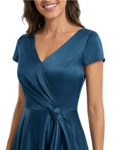 Elegant Cap Sleeves V-Neck Ruffles Ankle-Length Satin Mother Of The Bride Dresses