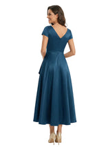 Elegant Cap Sleeves V-Neck Ruffles Ankle-Length Satin Mother Of The Bride Dresses