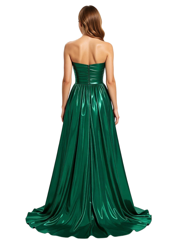 ChicSew Elegant Ruched Sweetheart Sleeveless Metallic A-Line Floor Length Party Prom Dresses
