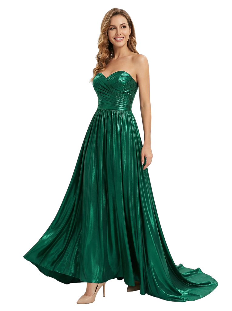 ChicSew Elegant Ruched Sweetheart Sleeveless Metallic A-Line Floor Length Party Prom Dresses