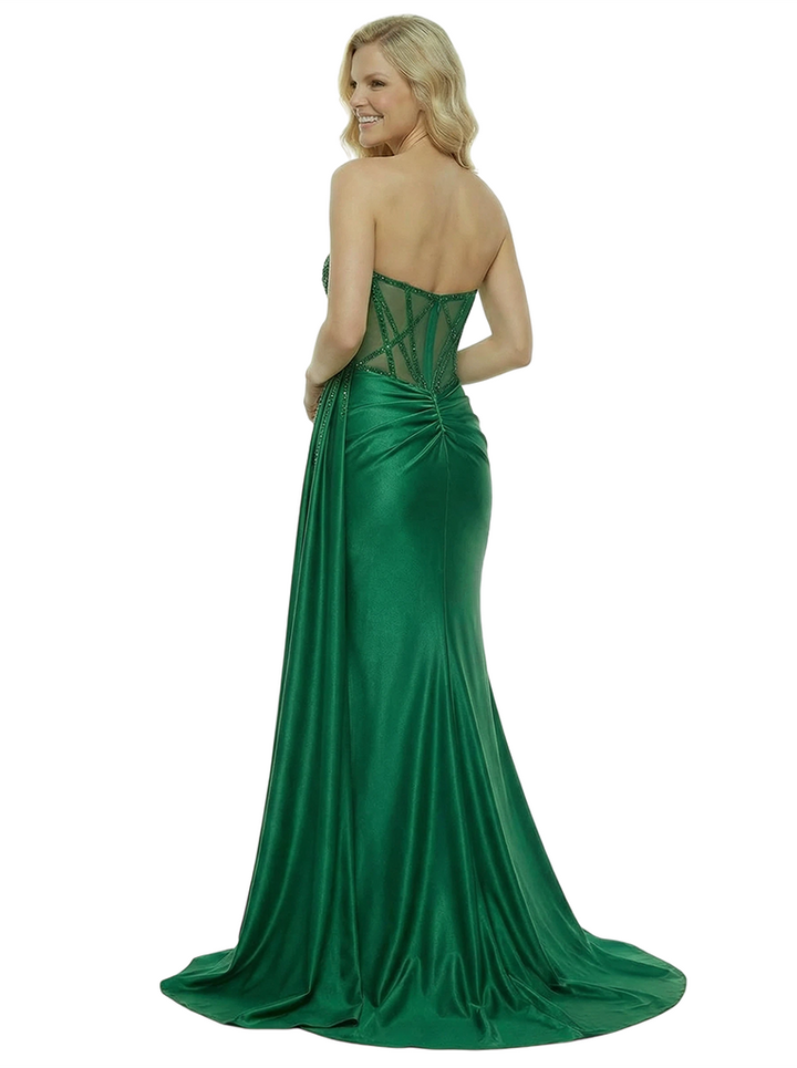 ChicSew Elegant Satin Sweetheart Beaded Ruched Satin Mermaid Formal Prom Dresses Slit With Side Overlay