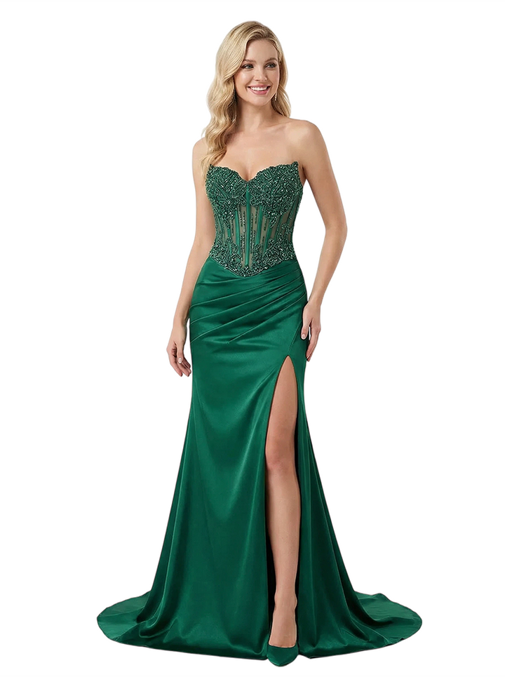 ChicSew Elegant Satin Sweetheart Corset Beaded Mermaid Formal Prom Dresses With Side Slit