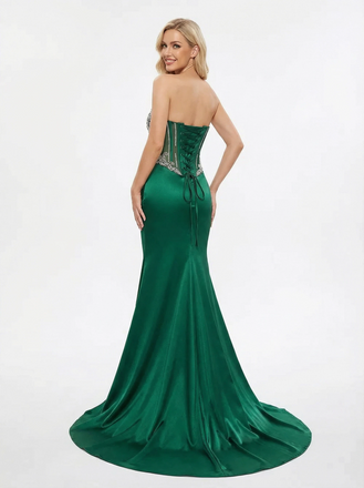 Unique Lace Cut Out Corset Sweetheart Mermaid Satin Long Party Prom Dresses