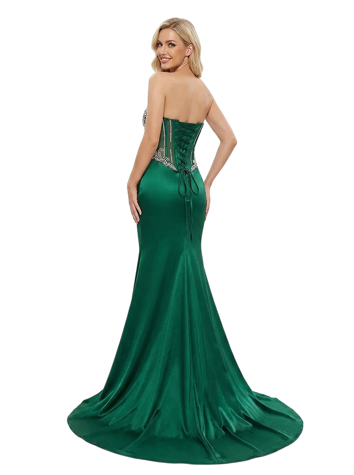 ChicSew Elegant Satin Sweetheart Corset Beaded Mermaid Formal Prom Dresses With Side Slit