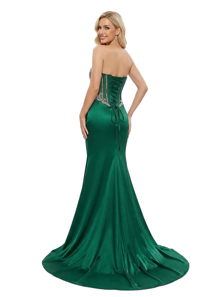 ChicSew Elegant Satin Sweetheart Corset Beaded Mermaid Formal Prom Dresses With Side Slit