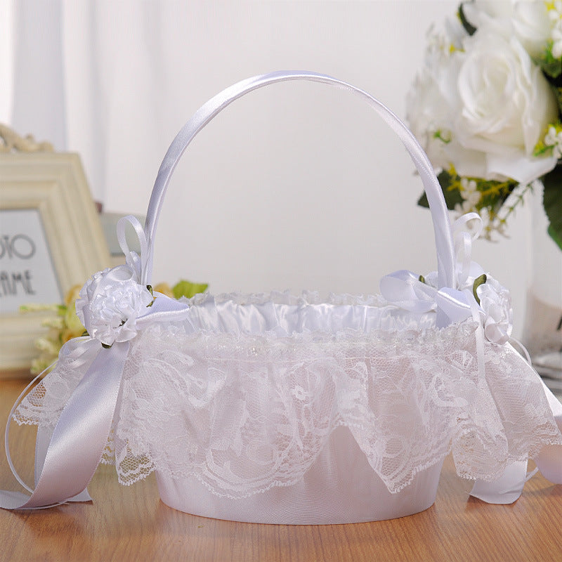 White Lace Flower Basket Creative Handmade Lace Wedding Flower Basket, HL-5629