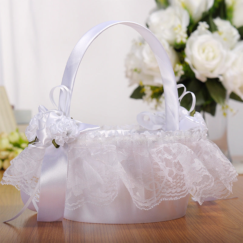 White Lace Flower Basket Creative Handmade Lace Wedding Flower Basket, HL-5629