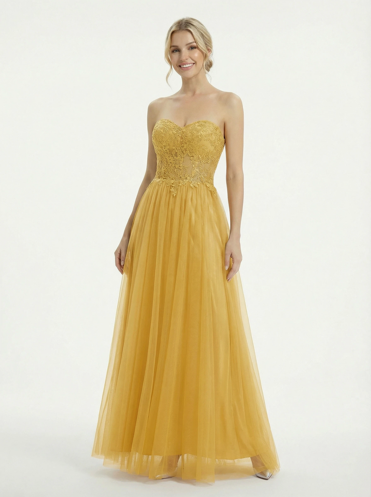 Unique Lace Sweetheart A Line Tulle Long Party Prom Dresses