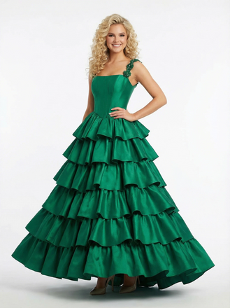 Lace Straps A-line Ruflfle Satin Ball Gown Prom Dresses