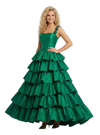 ChicSew Unique Square Satin Tiered Ruffled Ball Gown A line Floor Length Formal Evening Dresses