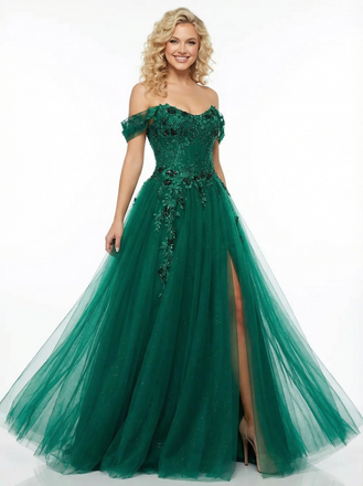 Modern Lace Beaded Off The Shoulder A-line Long Party Prom Dresses
