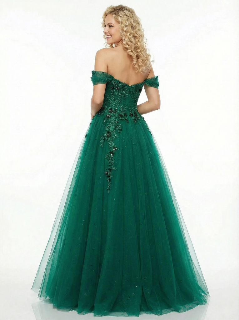 Modern Lace Beaded Off The Shoulder A-line Long Party Prom Dresses