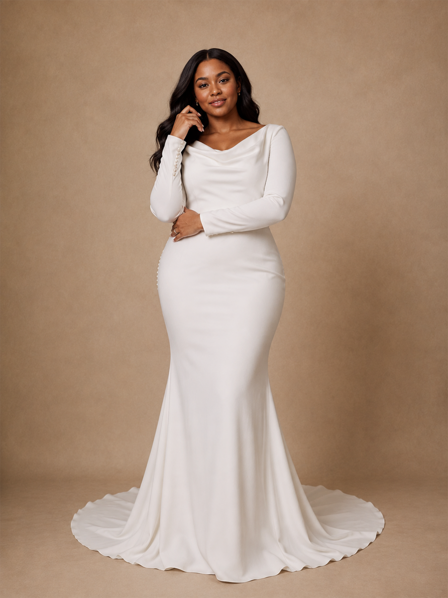 ChicSew Elegant Cowl Neck Mermaid Crepe Long Sleeves Floor-Length Wedding Dress With Button
