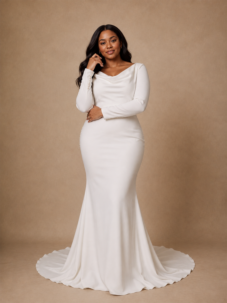 ChicSew Elegant Cowl Neck Mermaid Crepe Long Sleeves Floor-Length Wedding Dress With Button
