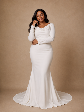 ChicSew Elegant Cowl Neck Mermaid Crepe Long Sleeves Floor-Length Wedding Dress With Button