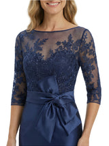 Chicsew Classy Tea-Length 3/4 Sleeves Satin Mother Of The Bride Dress With Illusion Lace Bodice