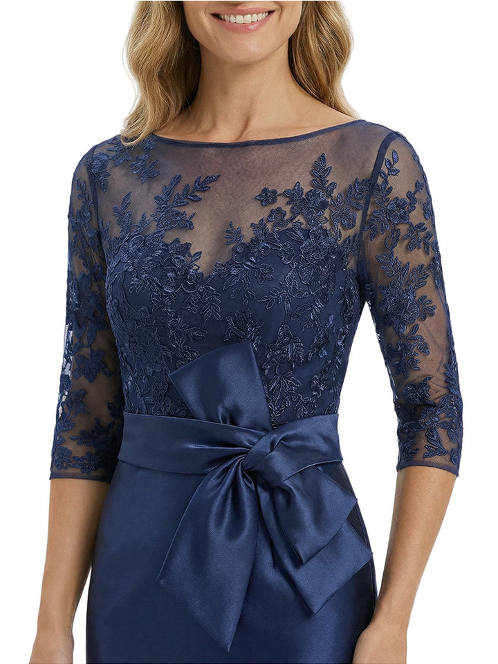 Chicsew Classy Tea-Length 3/4 Sleeves Satin Mother Of The Bride Dress With Illusion Lace Bodice