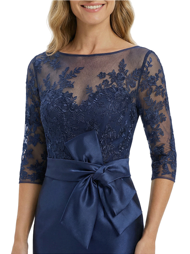 Chicsew Classy Tea-Length 3/4 Sleeves Satin Mother Of The Bride Dress With Illusion Lace Bodice