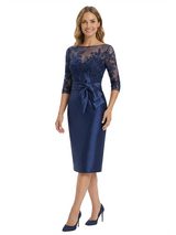 Chicsew Classy Tea-Length 3/4 Sleeves Satin Mother Of The Bride Dress With Illusion Lace Bodice