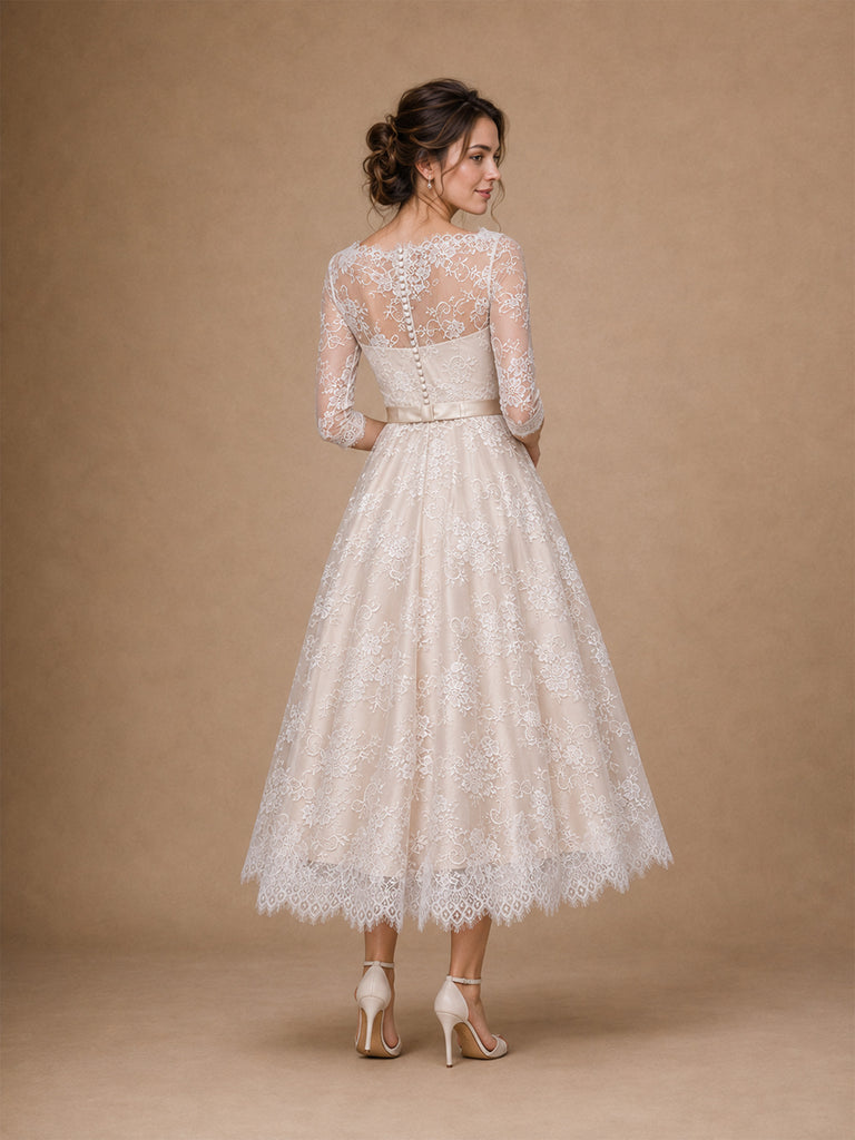 ChicSew Elegant Sabrina 3/4 Sleeves Lace A-Line Tea-Length Wedding Dresses