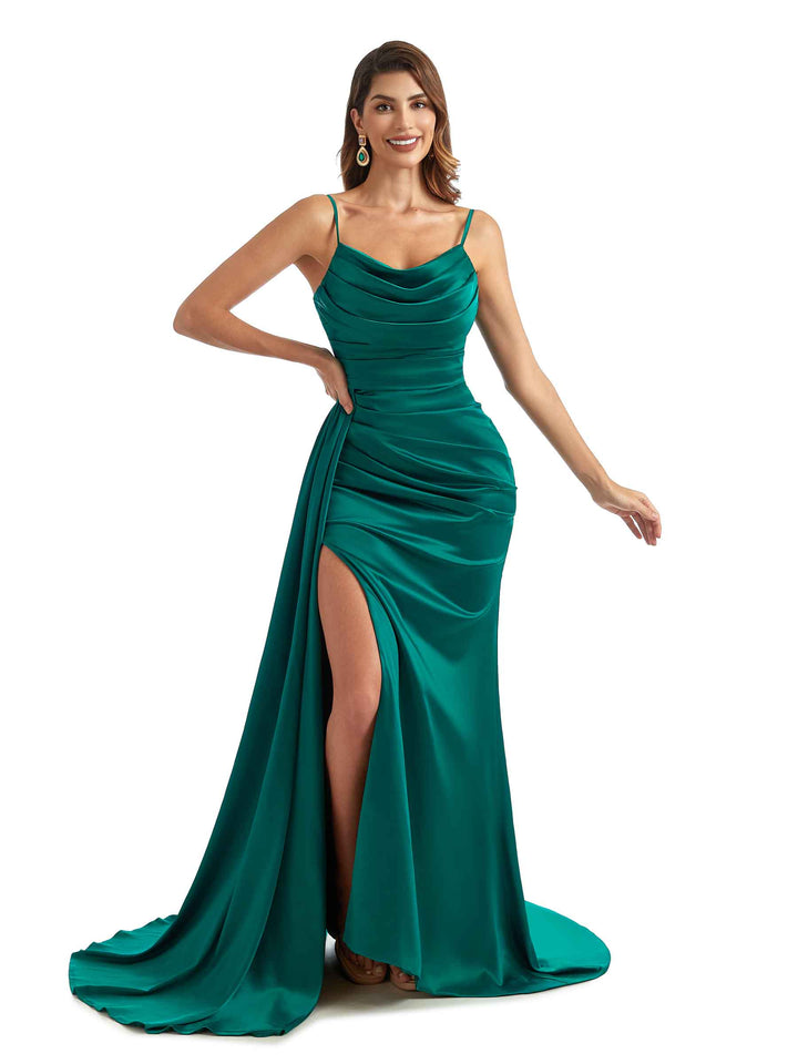 Sexy Side Split Cowl Neck Maxi Chic Satin Spaghetti Straps Formal Wedding Guest Dresses