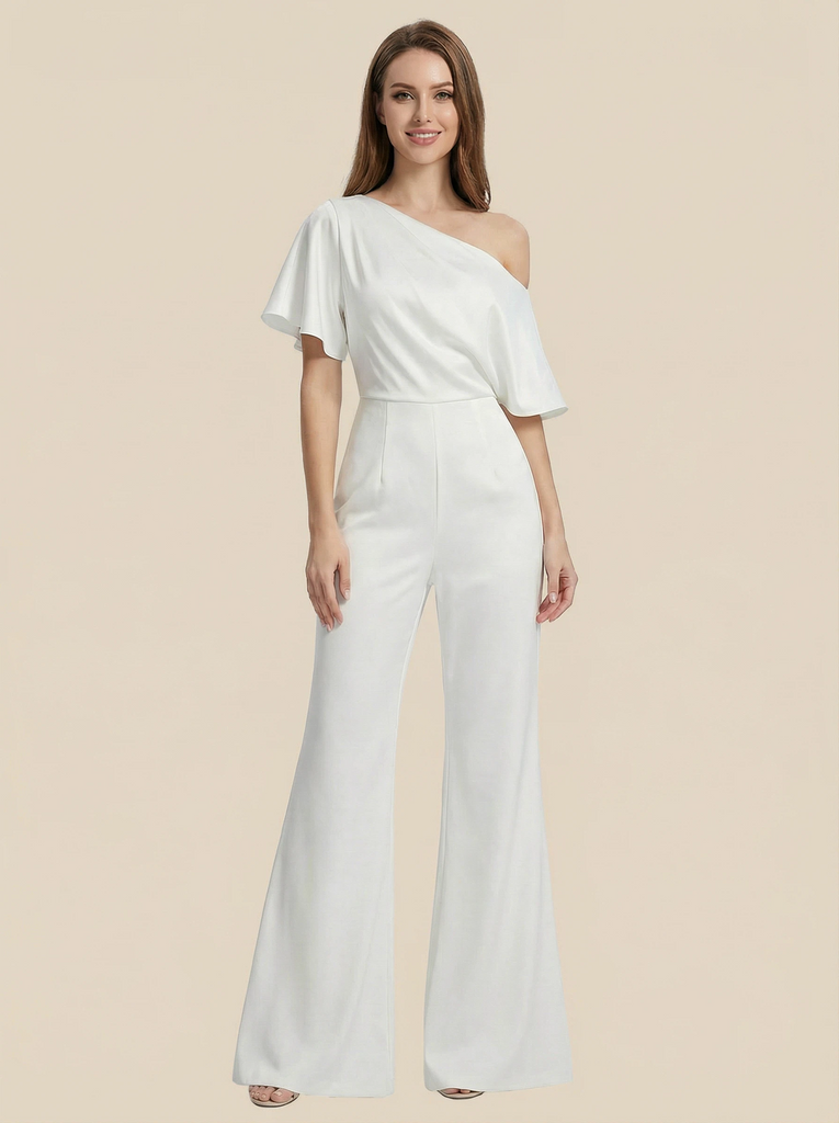 Jumpsuit One Shoulder Short Sleeves Satin Wedding Gowns Online