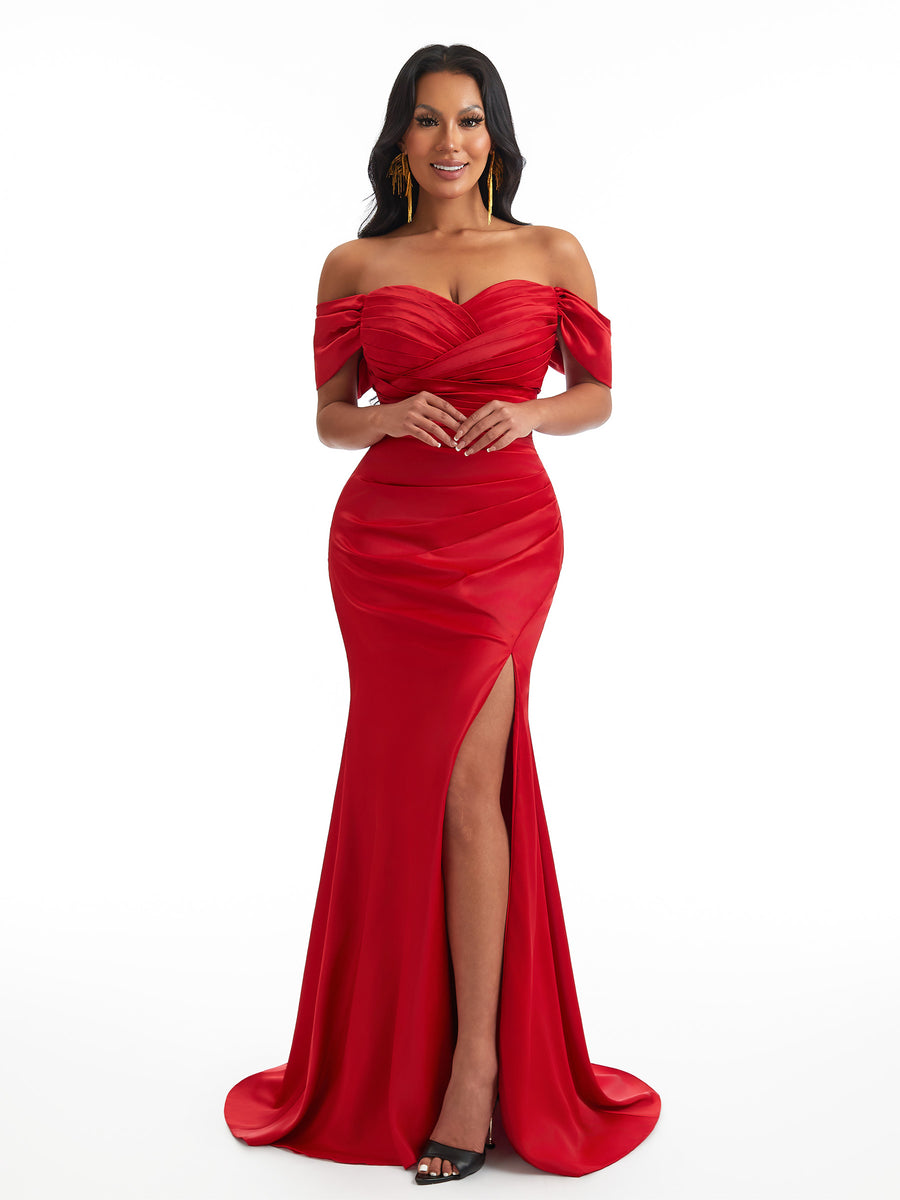 Sexy Mermaid Off The Shoulder Side Slit Ruched Satin Long Wedding Party Dresses Online