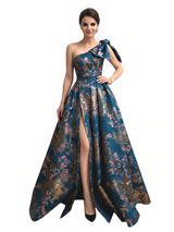 Elegant Floral One Shoulder Bow A-Line Long Formal Evening Dresses