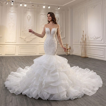 ChicSew Sparkly Mermaid Illusion Long Sleeves Ball Gown Wedding Dress