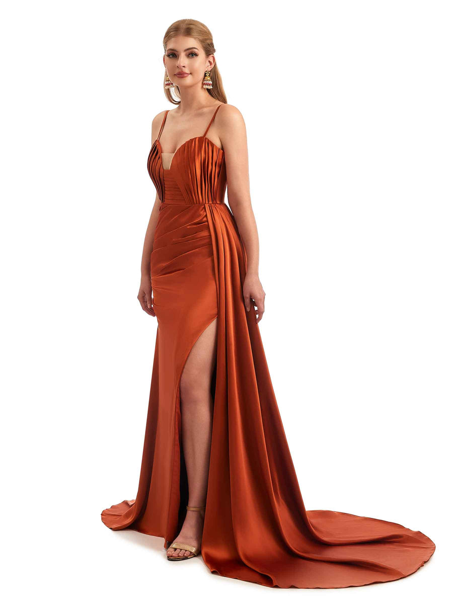 Ruched Satin Side Split Spaghetti Straps Long Mermaid Bridesmaid Dresses Online