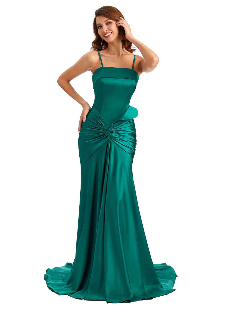 Sexy Mermaid Spaghetti Straps Silky Satin Unique Long Bridesmaid Dress For Wedding