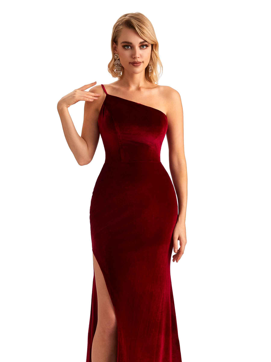 Sexy Side Slit Mermaid One Shoulder Formal Velvet Long Bridesmaid Dresses