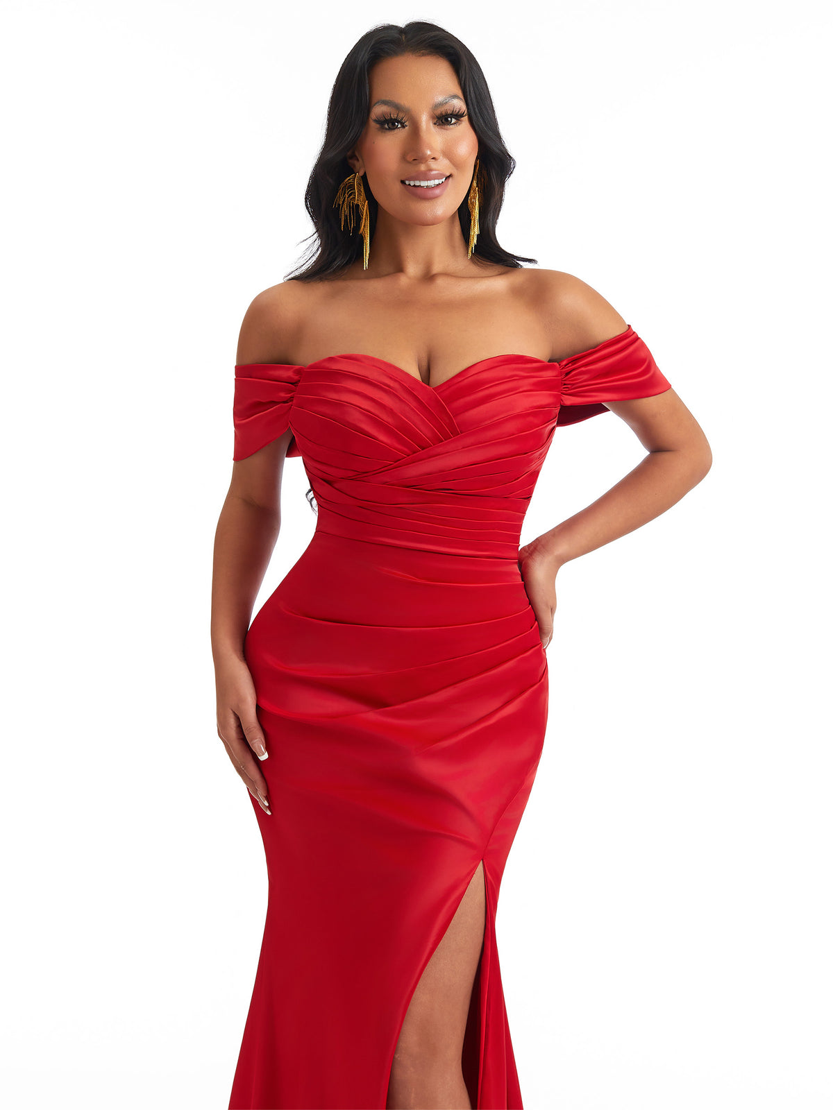 Sexy Mermaid Off The Shoulder Side Slit Ruched Satin Long Wedding Party Dresses Online