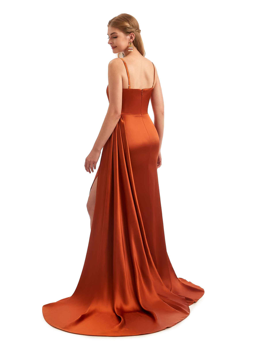 Ruched Satin Side Split Spaghetti Straps Long Mermaid Bridesmaid Dresses Online