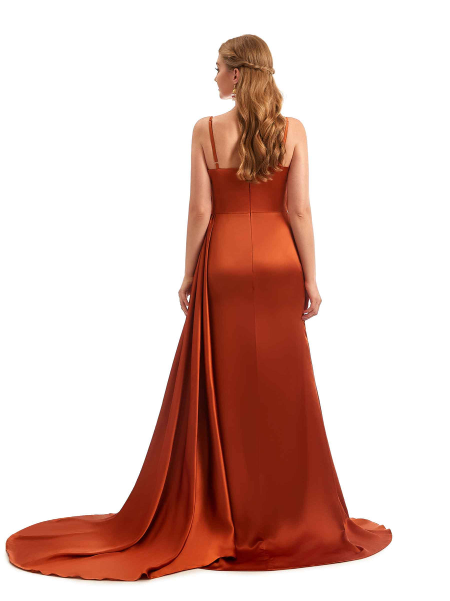 Ruched Satin Side Split Spaghetti Straps Long Mermaid Bridesmaid Dresses Online