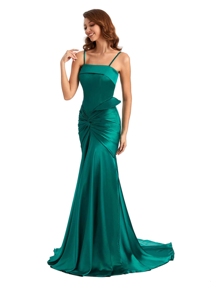 Sexy Mermaid Spaghetti Straps Silky Satin Unique Long Bridesmaid Dress For Wedding